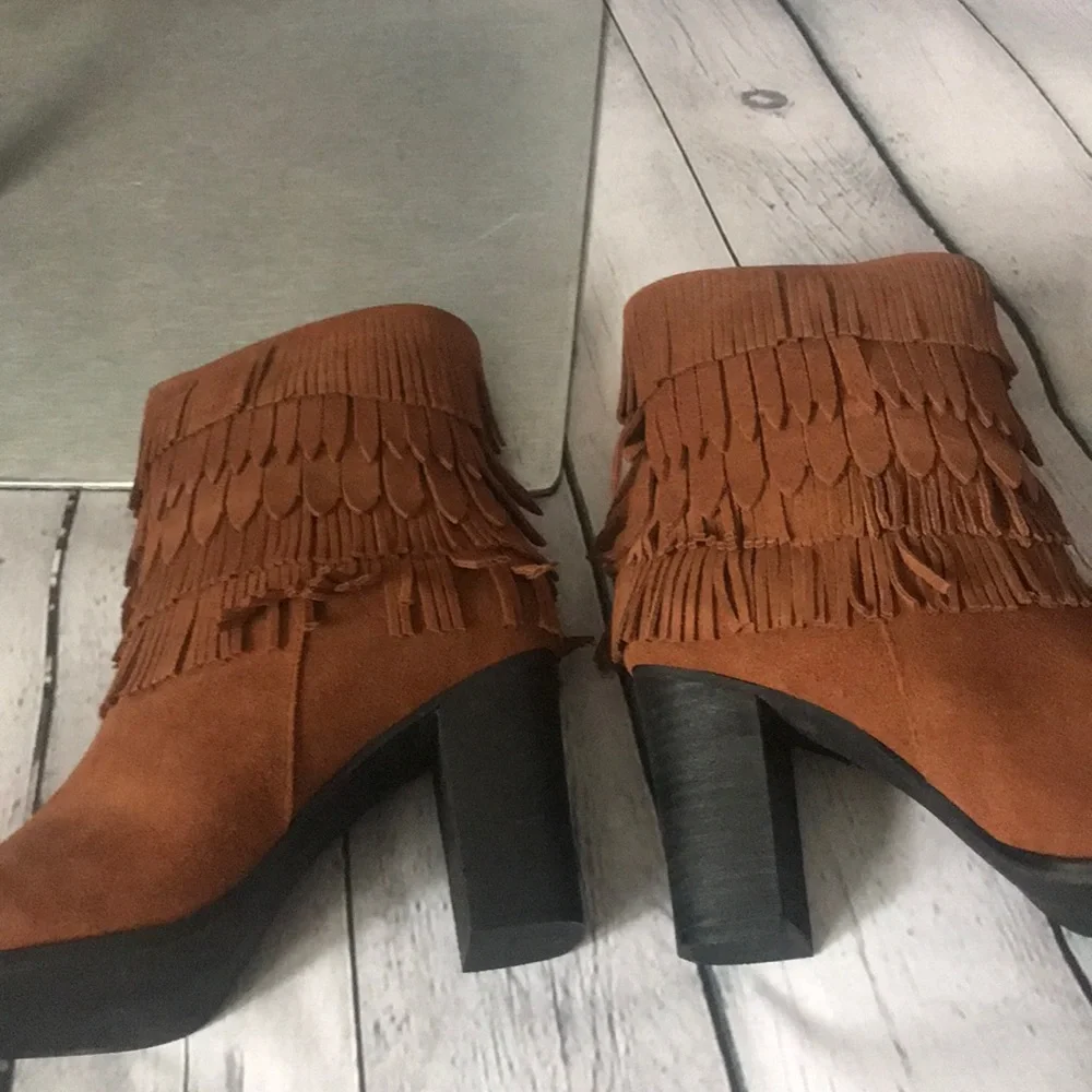 CATHERINE MALANDRINO SUEDE FRINGE COGNAC BOOTS